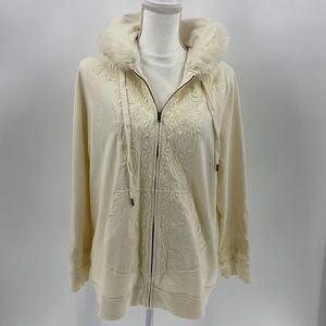 Avenue weekend hoodie cream zip front sweatshirt with faux fur trim hood